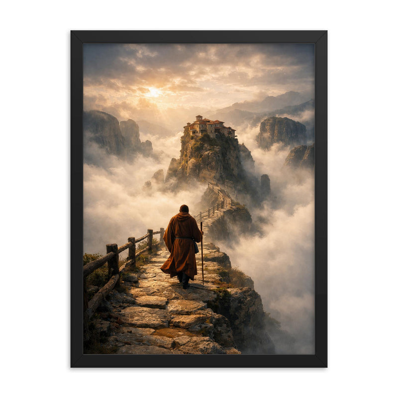Meteora monk path above abyssal fog framed print on a plain backdrop in size 18