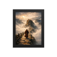Meteora monk path above abyssal fog framed print on a plain backdrop in size 8"x10".
