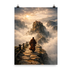 Meteora monk path above abyssal fog poster on a plain backdrop in size 8"x10".