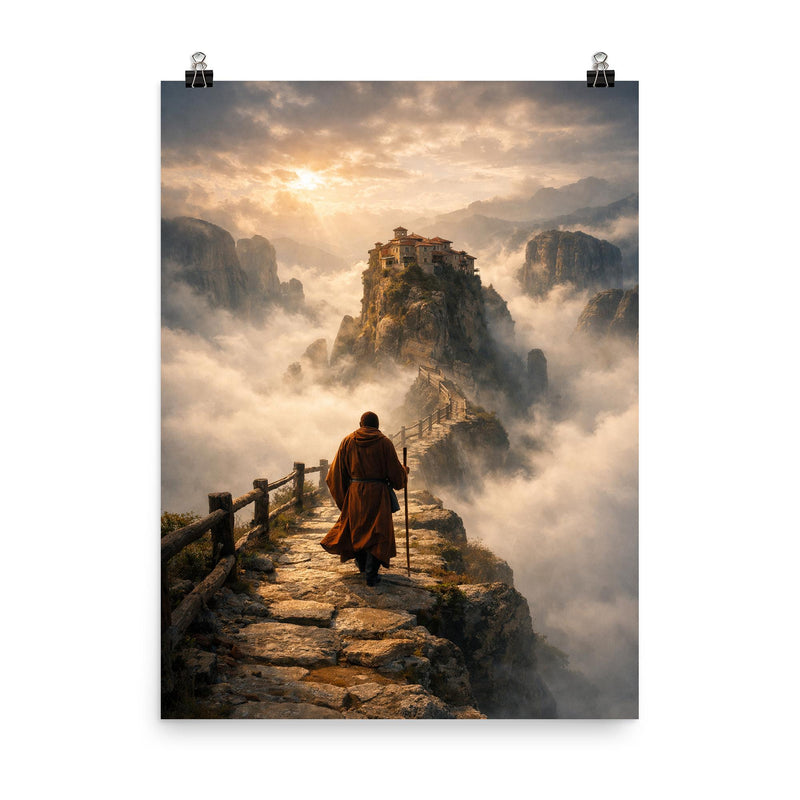 Meteora monk path above abyssal fog poster on a plain backdrop in size 8