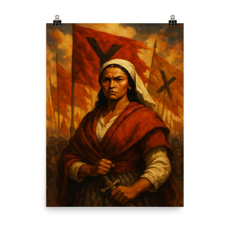 Micaela Bastidas before uprising banners poster on a plain backdrop in size 8