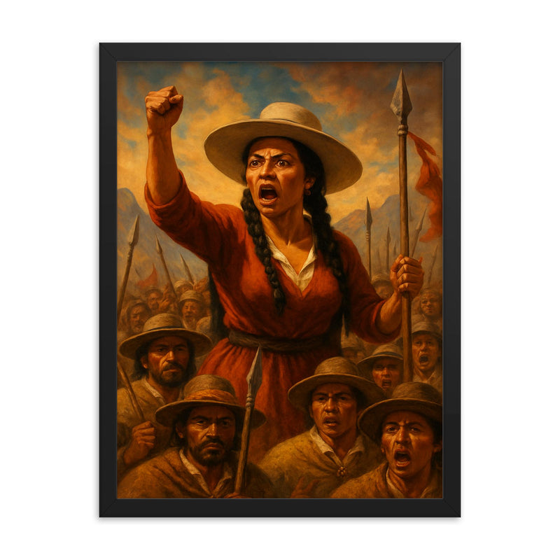 Micaela Bastidas rallying Andean rebels framed print on a plain backdrop in size 18