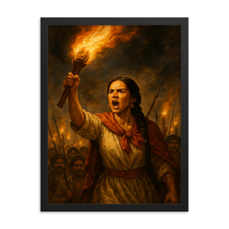 Micaela Bastidas rallying rebellion by torchlight framed print on a plain backdrop in size 18