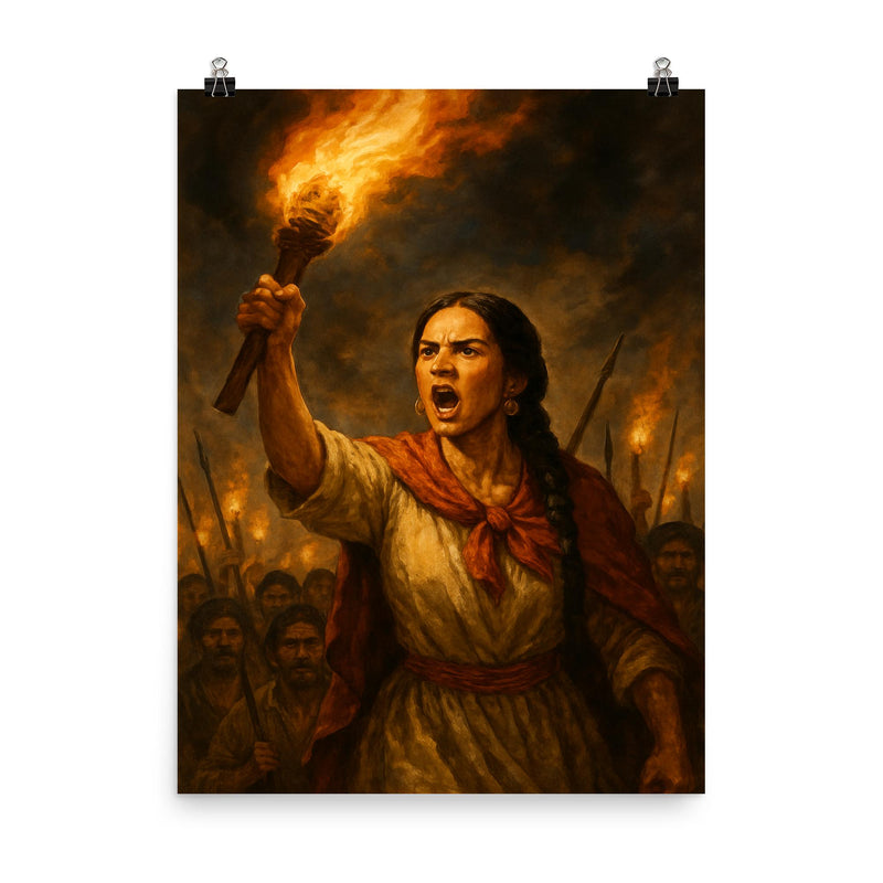 Micaela Bastidas rallying rebellion by torchlight poster on a plain backdrop in size 8