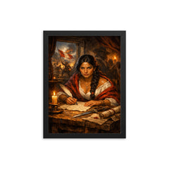 Micaela Bastidas writing revolutionary orders framed print on a plain backdrop in size 12"x16".