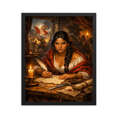 Micaela Bastidas writing revolutionary orders framed print on a plain backdrop in size 16"x20".