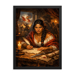 Micaela Bastidas writing revolutionary orders framed print on a plain backdrop in size 18"x24".