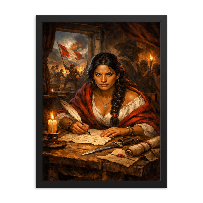 Micaela Bastidas writing revolutionary orders framed print on a plain backdrop in size 18
