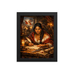 Micaela Bastidas writing revolutionary orders framed print on a plain backdrop in size 8"x10".