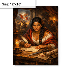 Micaela Bastidas writing revolutionary orders metal print on a plain backdrop in size 12"x16".