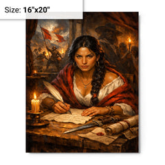 Micaela Bastidas writing revolutionary orders metal print on a plain backdrop in size 16"x20".