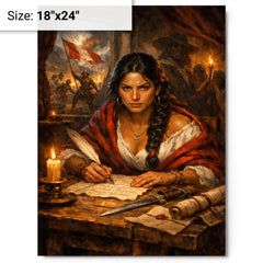 Micaela Bastidas writing revolutionary orders metal print on a plain backdrop in size 18"x24".
