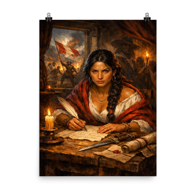 Micaela Bastidas writing revolutionary orders poster on a plain backdrop in size 8