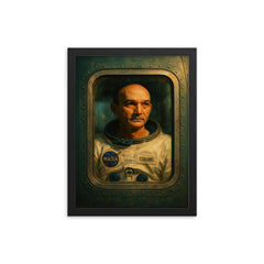 Michael Collins Apollo quarantine window portrait framed print on a plain backdrop in size 12"x16".