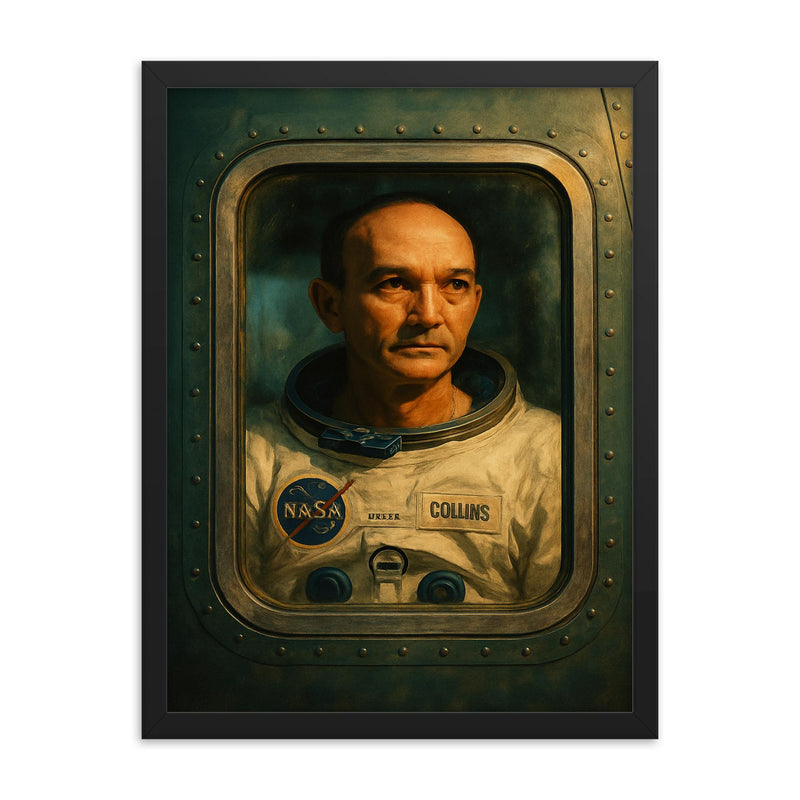 Michael Collins Apollo quarantine window portrait framed print on a plain backdrop in size 18
