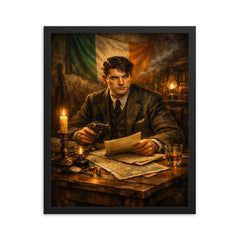 Michael Collins in Dublin safehouse candlelight framed print on a plain backdrop in size 16"x20".