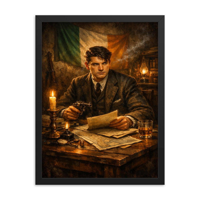 Michael Collins in Dublin safehouse candlelight framed print on a plain backdrop in size 18