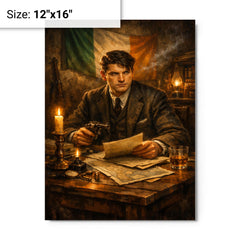 Michael Collins in Dublin safehouse candlelight metal print on a plain backdrop in size 12"x16".