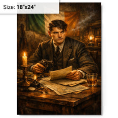 Michael Collins in Dublin safehouse candlelight metal print on a plain backdrop in size 18"x24".
