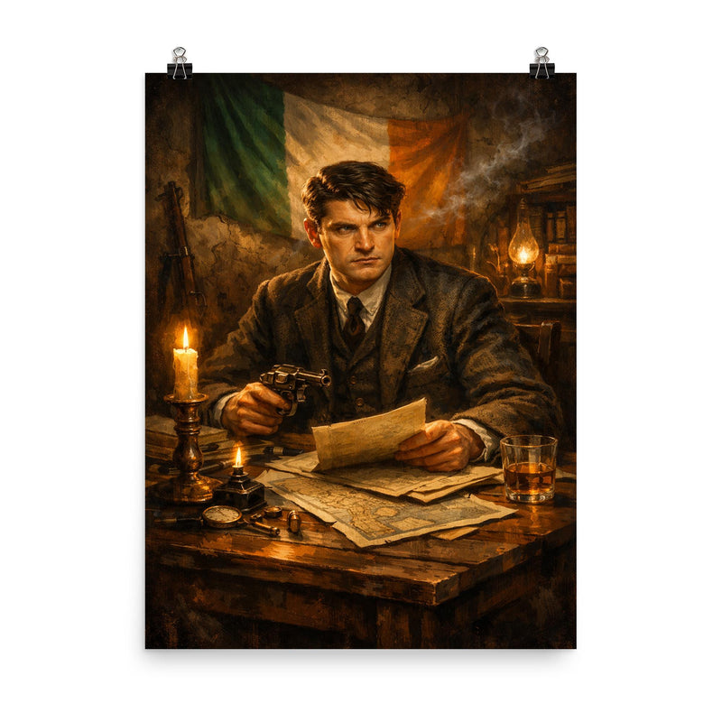 Michael Collins in Dublin safehouse candlelight poster on a plain backdrop in size 8