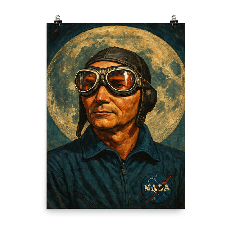 Michael Collins in pilot goggles over moon map poster on a plain backdrop in size 8