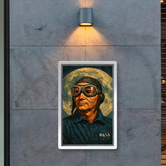 Michael Collins in pilot goggles over moon map poster 2