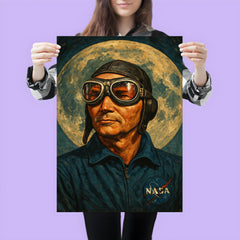 Michael Collins in pilot goggles over moon map poster 3