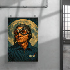 Michael Collins in pilot goggles over moon map poster 4