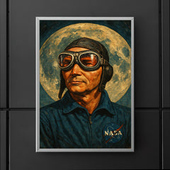Michael Collins in pilot goggles over moon map poster 5