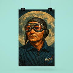 Michael Collins in pilot goggles over moon map poster 6