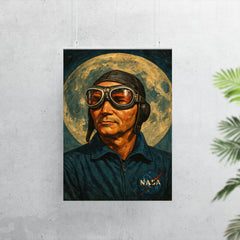 Michael Collins in pilot goggles over moon map poster 7