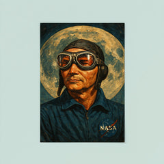Michael Collins in pilot goggles over moon map poster 8