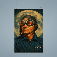 Michael Collins in pilot goggles over moon map poster 9