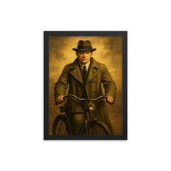 Michael Collins in trench coat and bicycle framed print on a plain backdrop in size 12"x16".