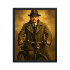 Michael Collins in trench coat and bicycle framed print on a plain backdrop in size 16"x20".