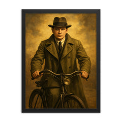 Michael Collins in trench coat and bicycle framed print on a plain backdrop in size 18"x24".