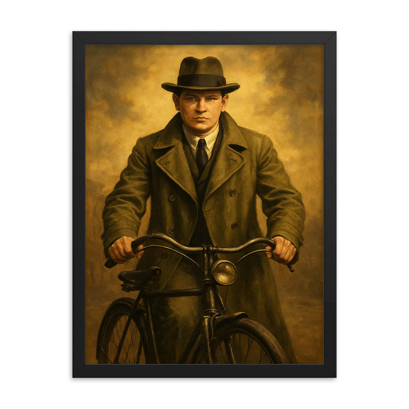 Michael Collins in trench coat and bicycle framed print on a plain backdrop in size 18