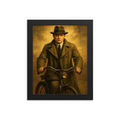 Michael Collins in trench coat and bicycle framed print on a plain backdrop in size 8"x10".