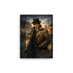 Michael Collins in trench coat Dublin shadows canvas print on a plain backdrop in size 12"x16".