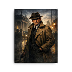 Michael Collins in trench coat Dublin shadows canvas print on a plain backdrop in size 16"x20".