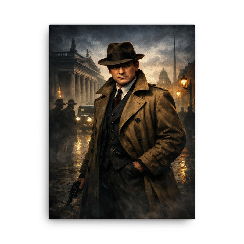 Michael Collins in trench coat Dublin shadows canvas print on a plain backdrop in size 18