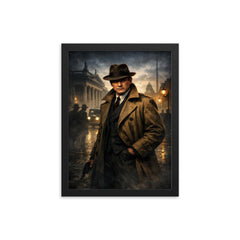 Michael Collins in trench coat Dublin shadows framed print on a plain backdrop in size 12"x16".