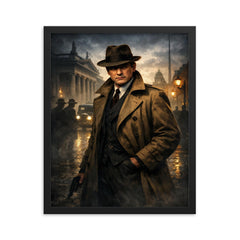 Michael Collins in trench coat Dublin shadows framed print on a plain backdrop in size 16"x20".