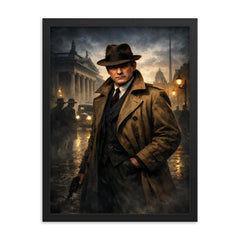 Michael Collins in trench coat Dublin shadows framed print on a plain backdrop in size 18"x24".