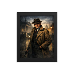 Michael Collins in trench coat Dublin shadows framed print on a plain backdrop in size 8"x10".