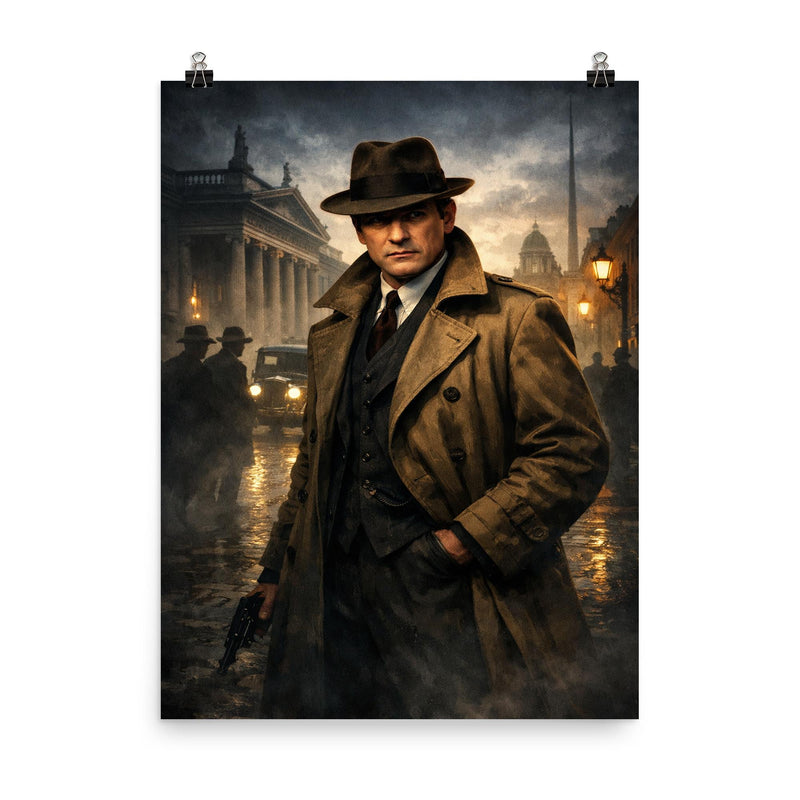 Michael Collins in trench coat Dublin shadows poster on a plain backdrop in size 8