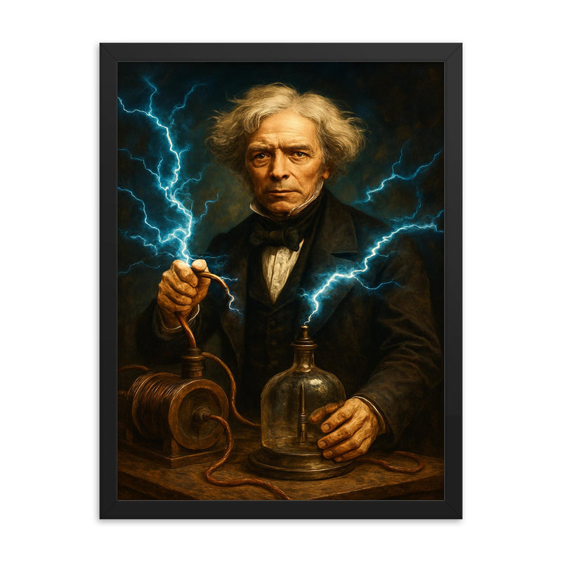 Michael Faraday framed print on a plain backdrop in size 18