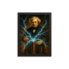 Michael Faraday with crackling electromagnetic coils framed print on a plain backdrop in size 12"x16".