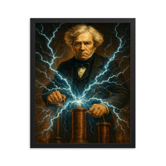 Michael Faraday with crackling electromagnetic coils framed print on a plain backdrop in size 16"x20".