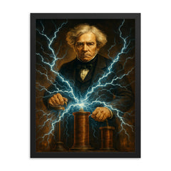 Michael Faraday with crackling electromagnetic coils framed print on a plain backdrop in size 18"x24".
